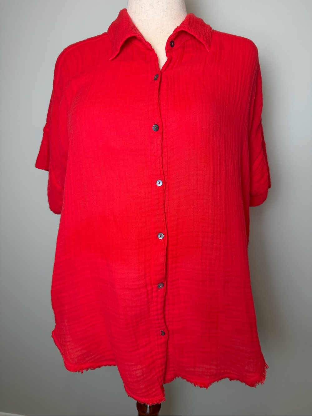 Michael Stars Vibrant Red Short-Sleeve Button Down Shirt- slight worn spot